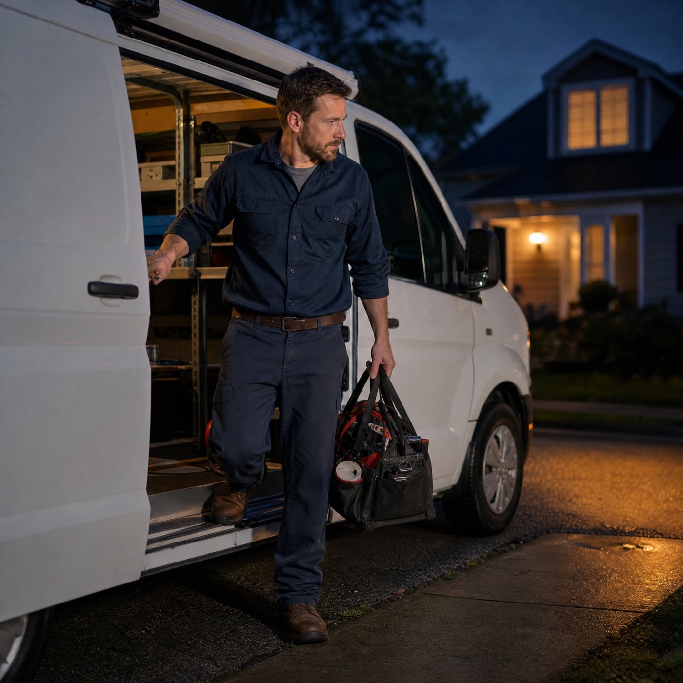 A service technician stepping out of his van at dusk, tool bag in hand, arriving at a customer's home.